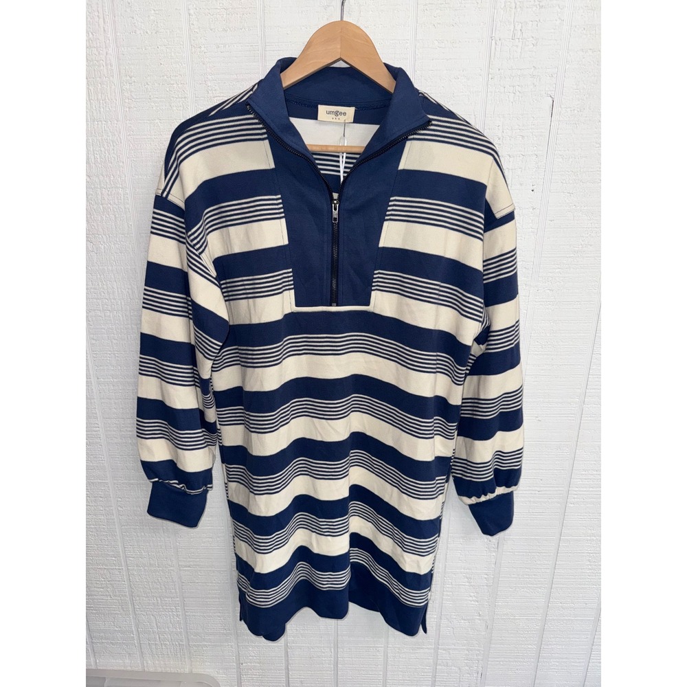 Umgee Striped Tunic Women Navy Blue Cream Quarter Zip Balloon Sleeve New Tag S